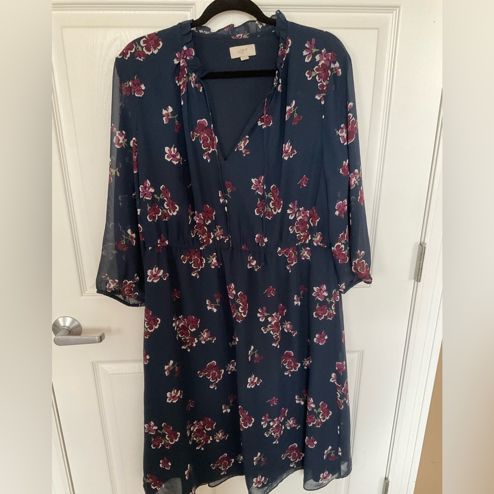 Loft Navy Floral Print LS Dress, XL